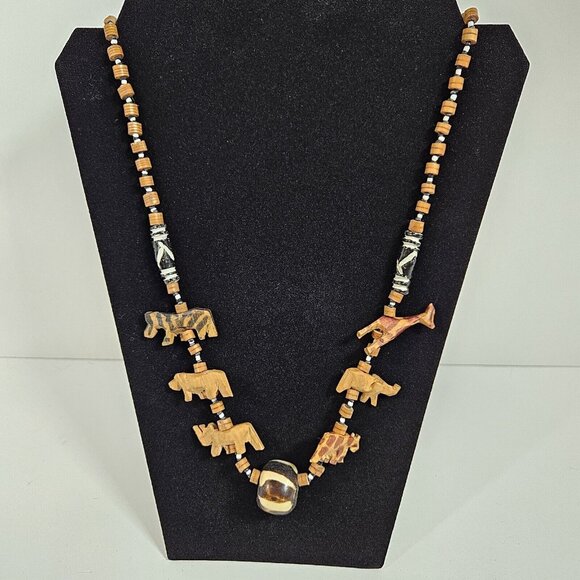 Handmade African Style Wild Animal Wood Beaded Single Loop Necklace 26" - Picture 1 of 6